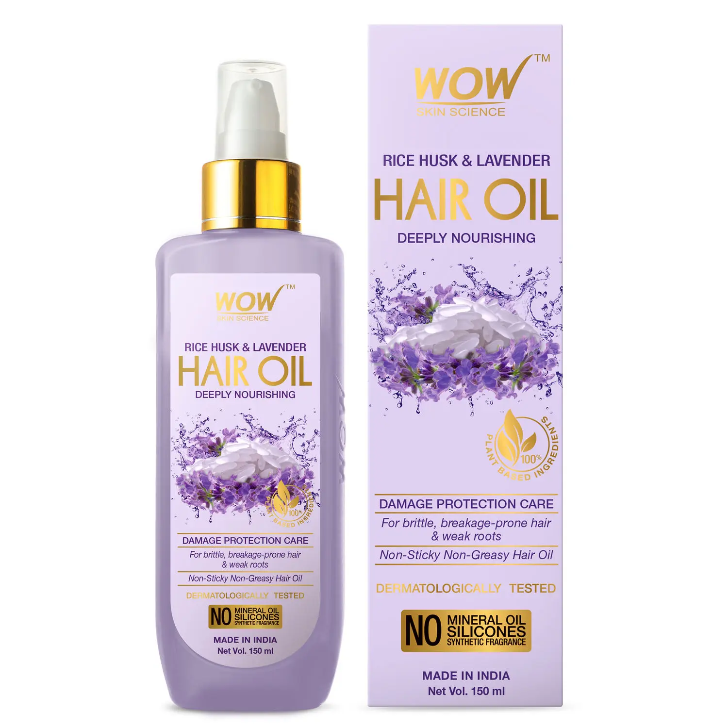 WOW Skin Science Rice Hair Oil For Non Sticky & Non Greasy/Frizzy/Dry Hair - With Rice Husk & Lavender Oil - 150mL