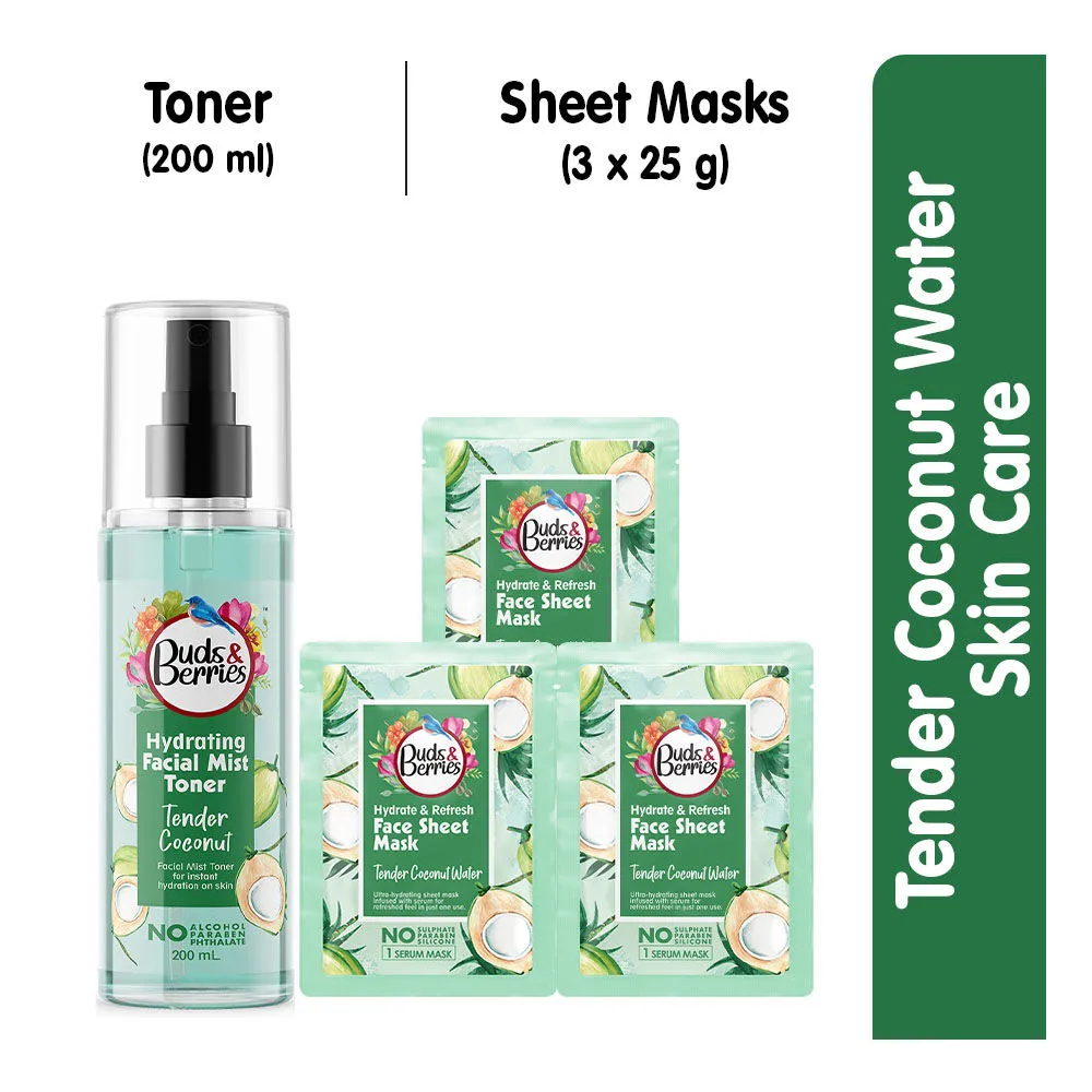 Buds & Berries Hydrate and Refresh Face Care Tender Coconut Water Face Toner + Facial Sheet Mask