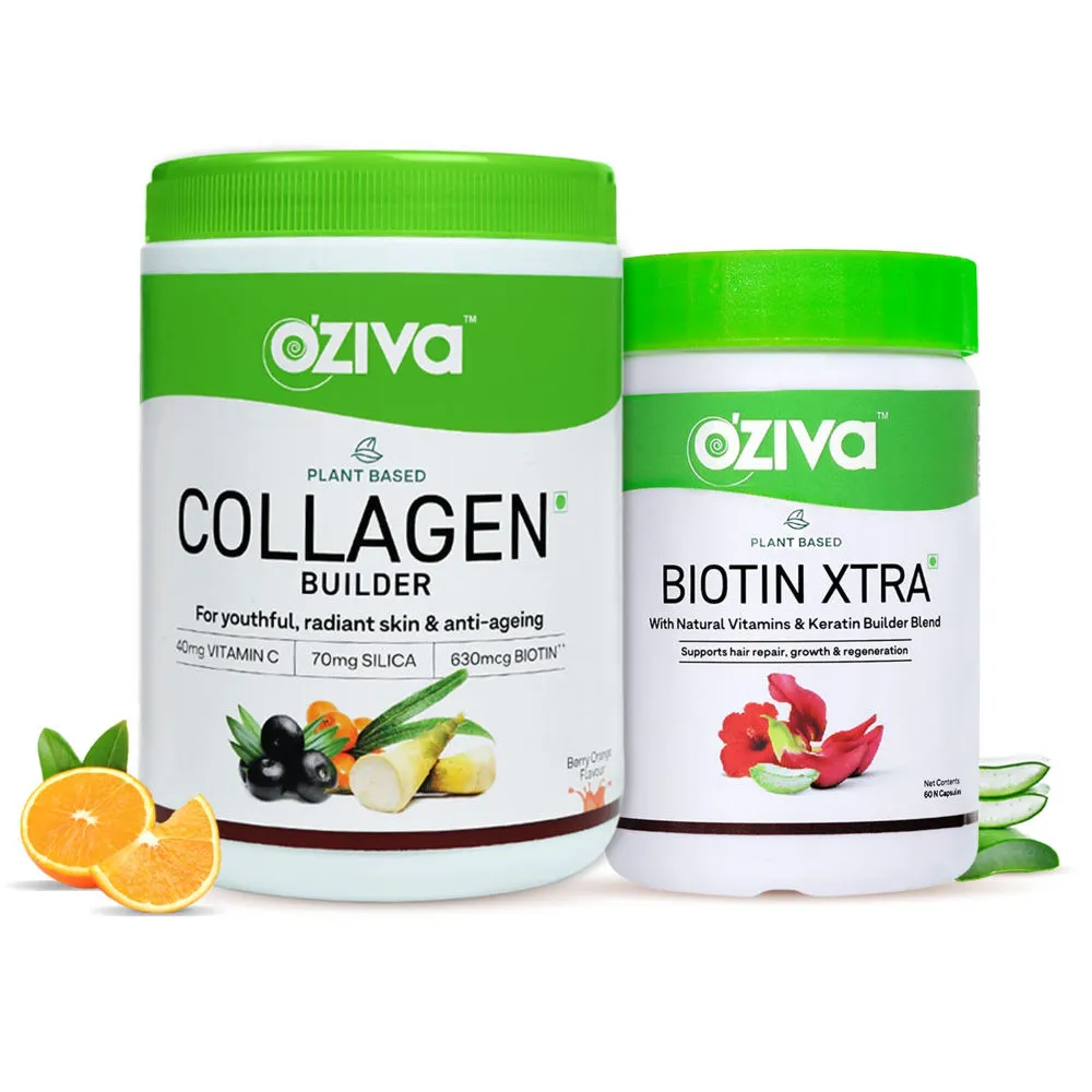 Oziva Collagen Builder (250 gms) + Biotin Xtra with Keratin Builder (60 Veg Biotin Capsules)