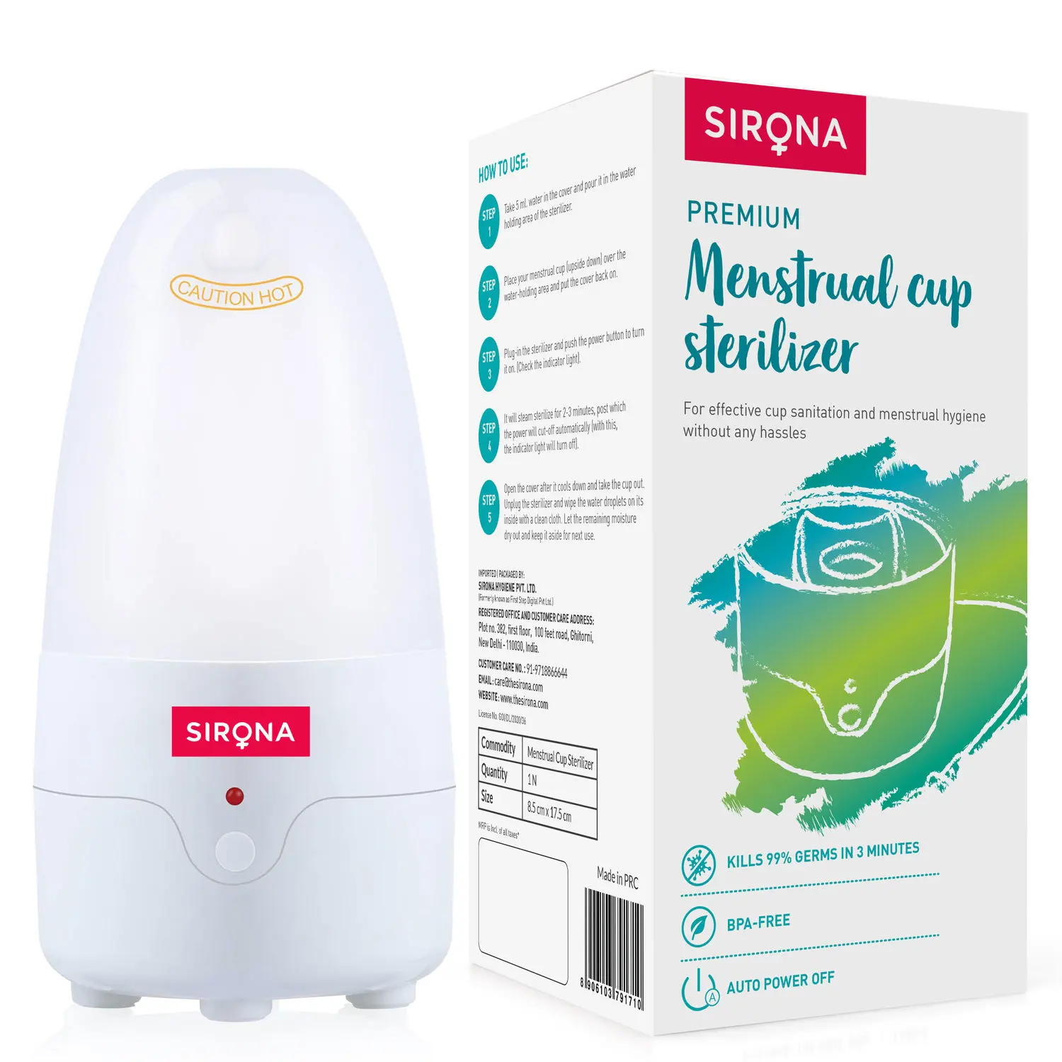 Sirona Menstrual Cup Sterilizer - Clean your Period Cup Effortlessly - Kills 99% of Germs in 3 Minutes with Steam - 1 Unit