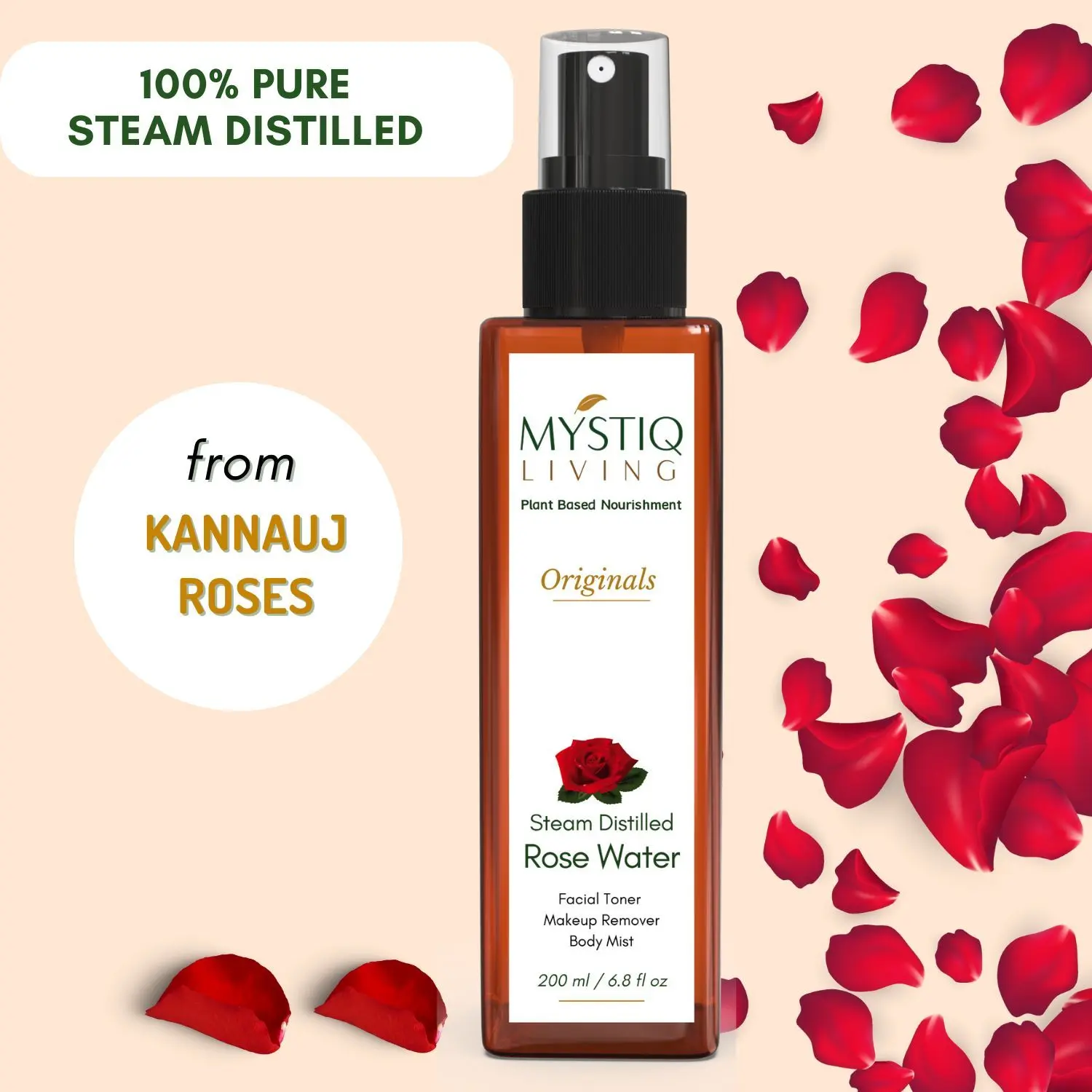 Mystiq Living Originals - Rose Water (Gulab Jal) Spray, Pure & Natural Hydrosol For Skin, Hair & Face | 200ML