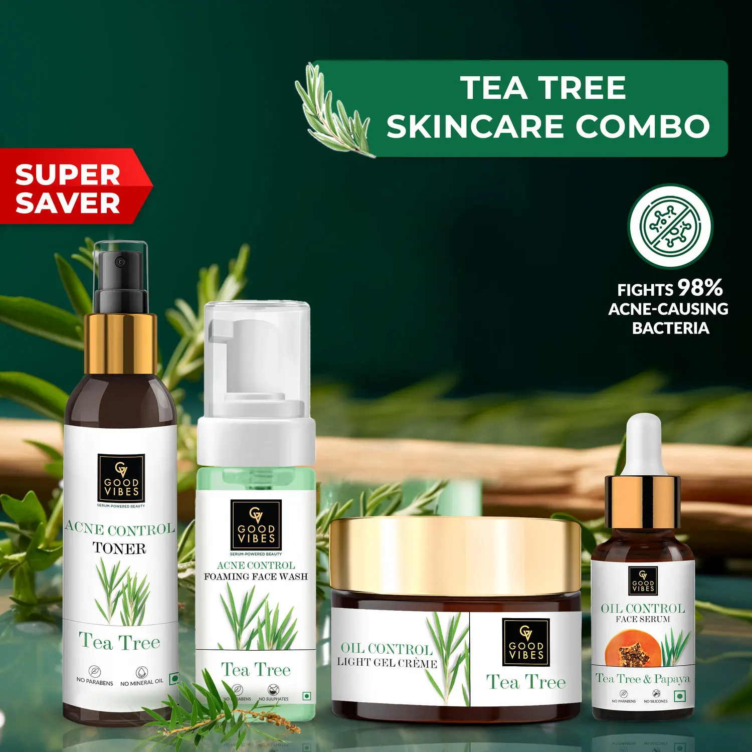 Good Vibes Acne Control Tea Tree Combo (Foaming Facewash, Toner, Serum, Gel creme)