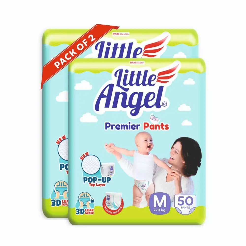 Little Angel Premier Pants Baby Diapers, Medium (M) Size, 100 Count, Combo Pack of 2, 50 Count/pack with Wetness Indicator, 7-11 Kg