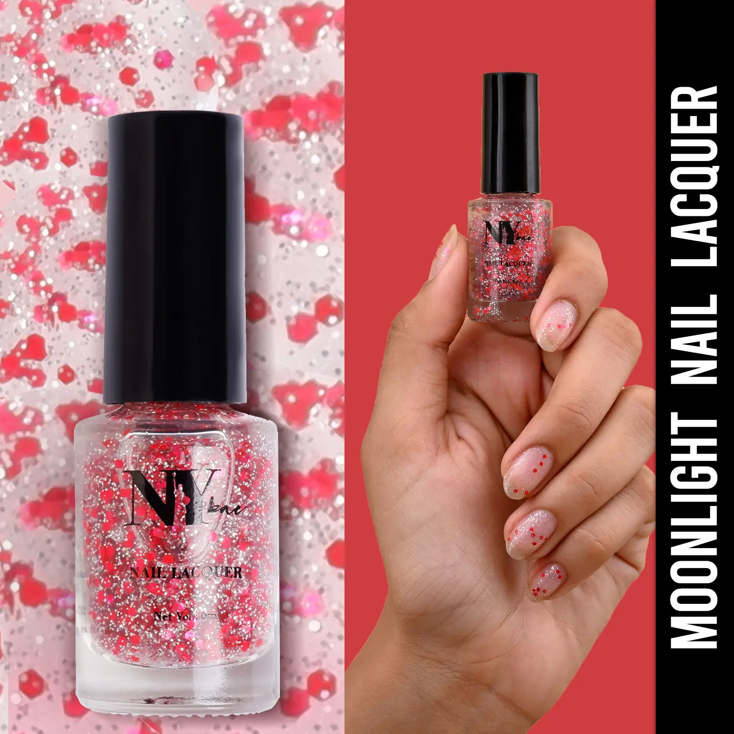 NY Bae Nail Lacquer, Glitter | Shimmer Paint | Chip Resistant Polish | Highly Pigmented | Reds & Greys - Broadway Moonlight 1 (6 ml)