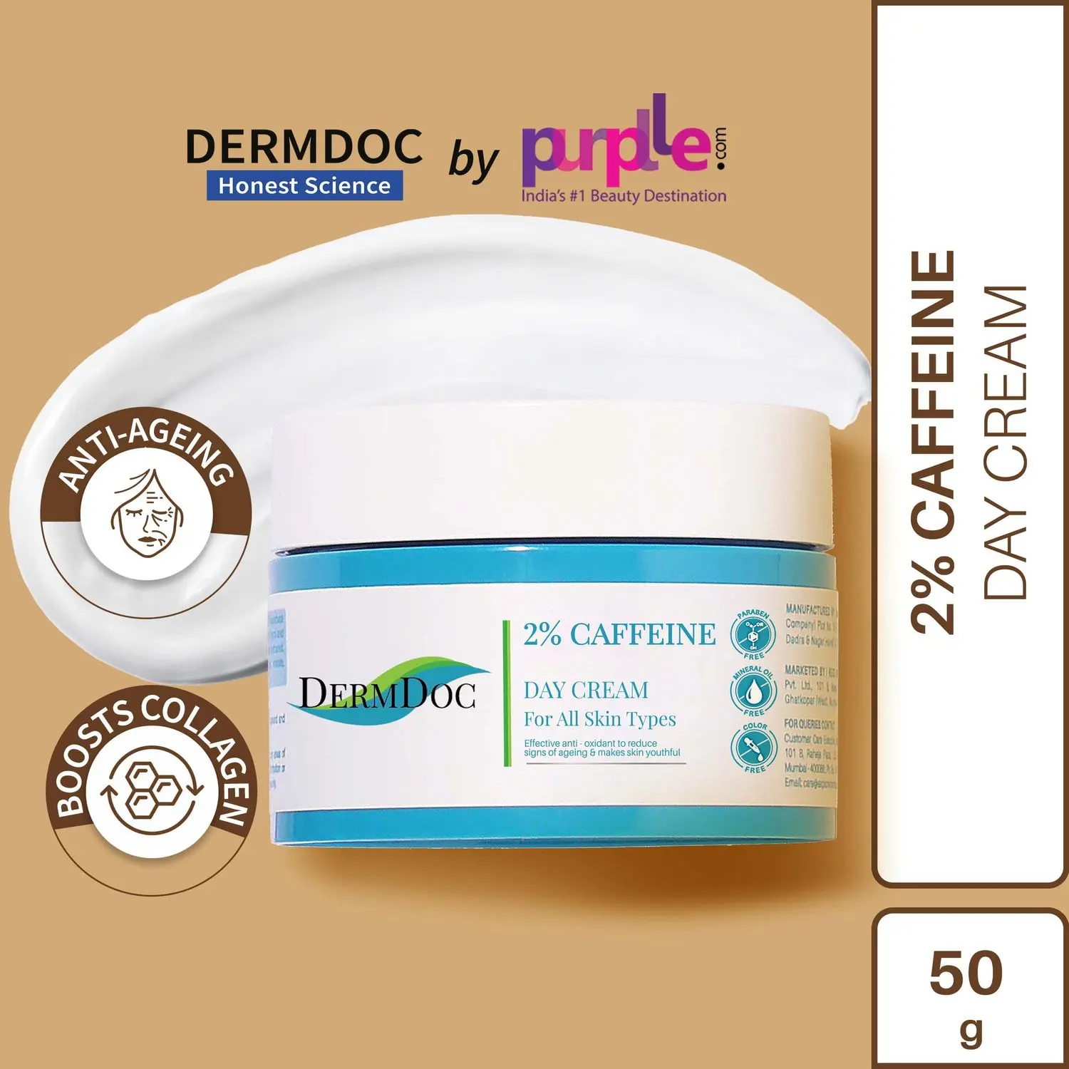 DERMDOC by Purplle 2% Caffeine Day Cream (50g) | anti aging moisturizer | moisturizer for dry skin | caffeine for face | dull, tired skin | boosts collagen