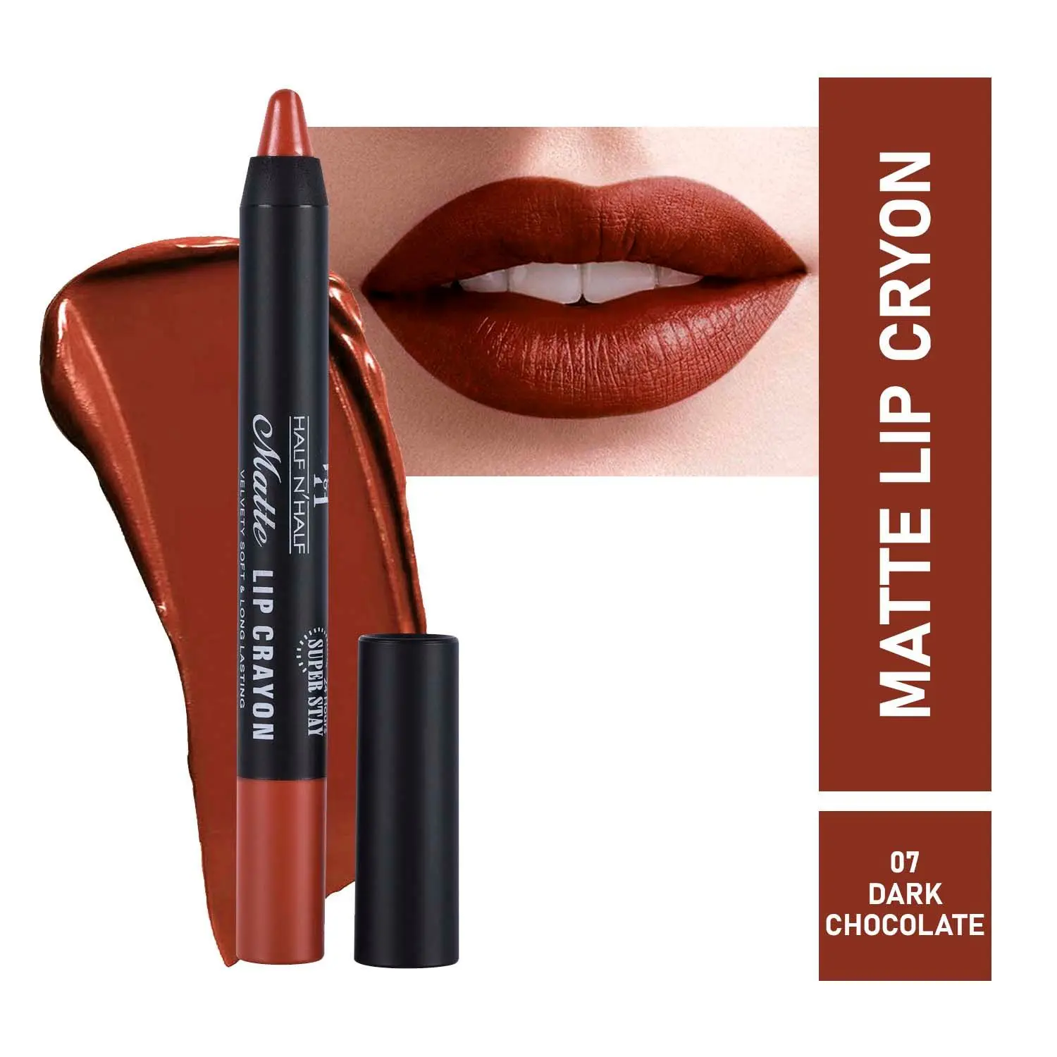 Half N Half Matte Lip Crayon Velvet Soft & Long Lasting, 24h Super Stay, 07 Dark Chocolate (3.5gm)