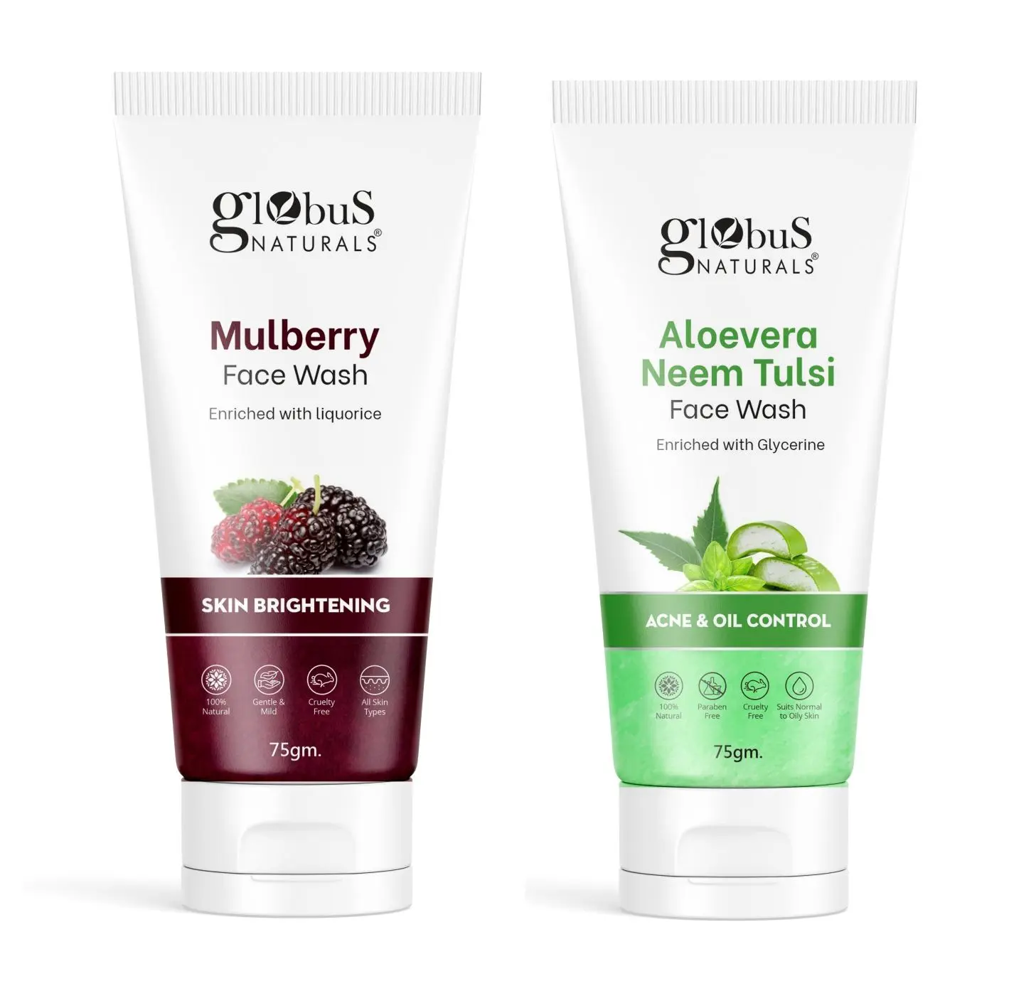 Globus Naturals  Aloe Vera Neem Tulsi Face Wash & Mulberry Face Wash, 75gm ,Combo, Set Of 2