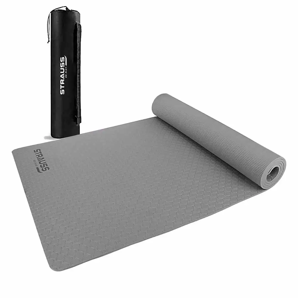 Strauss Anti Skid TPE Yoga Mat with Carry Bag,  Grey  4mm