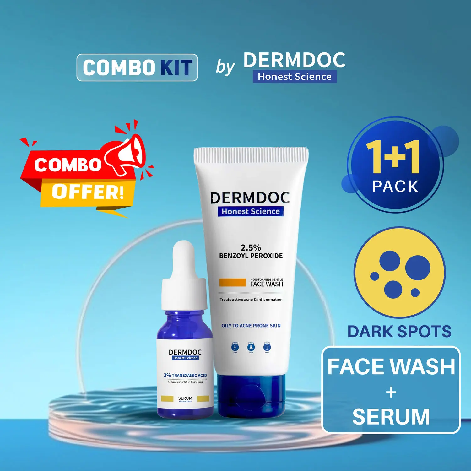 DERMDOC Combo Kit for Dark Spots | benzoyl peroxide face wash | tranexamic acid serum | face wash for oily skin, acne | serum for acne scars, hyperpigmentation | dullness, pimples | for all skin types