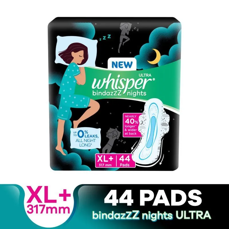 Whisper Bindazzz Night Thin XL+ Sanitary Pads for upto 0% Leaks-40% Longer with Dry top sheet,44 Pad