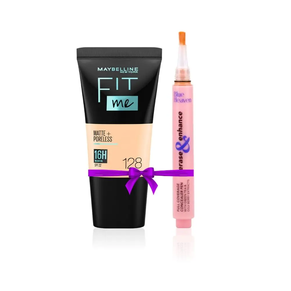 Maybelline New York Fit Me Matte+Poreless Liquid Foundation Tube, 128 Warm Nude, 18ml + Blue Heaven Erase & Enhance Buildable Coverage Concealer Pen, Caramel speacial combo