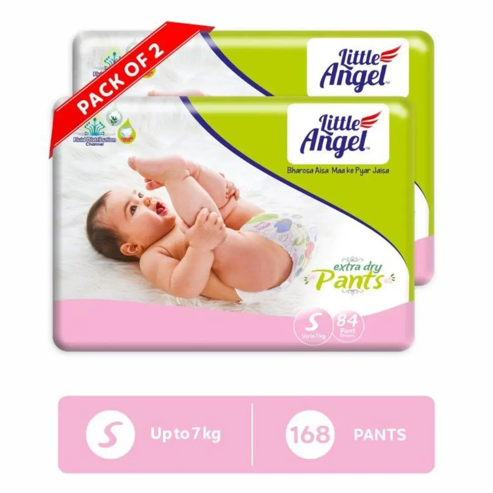 Little Angel Extra Dry Pants Baby Diapers, Small (S) Size 168 Count, Combo Pack of 2, 84 Count/Pack with Wetness Indicator, upto 7kg each