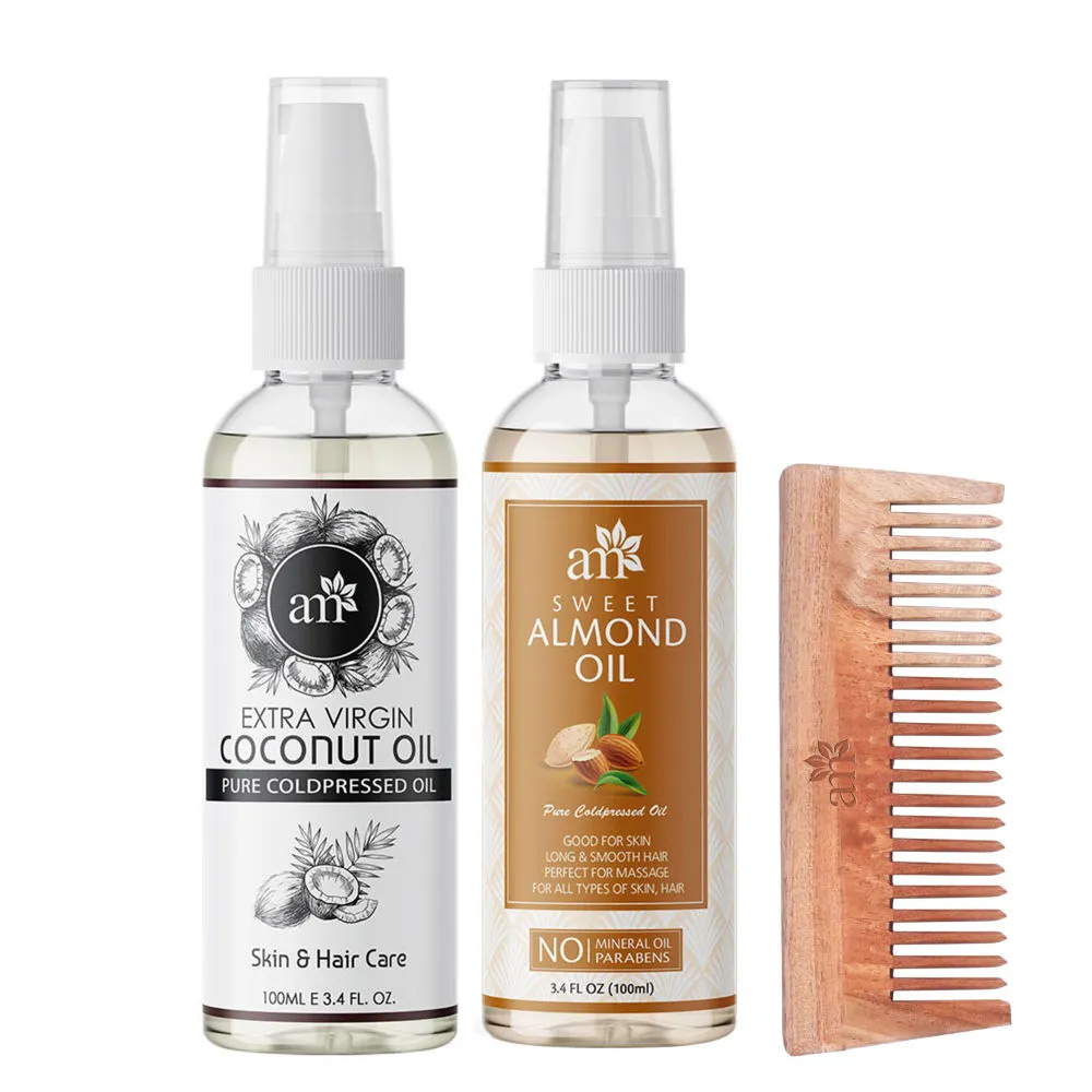 AromaMusk Organic 100% Pure Cold Pressed Coconut & Sweet Almond Oil with Wide Tooth Neem Wood Comb