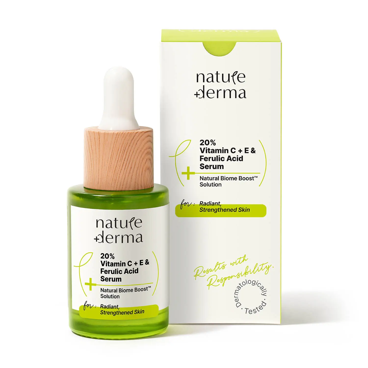 Nature Derma 20% Vitamin C, Vitamin E & Ferulic Acid Serum with Natural Biome-Boost™ - Reduces Dark Spots, Dullness & Signs of Aging | Use For Brighter, Glowing & Strengthened Skin | 30ml - Dermatologically Tested