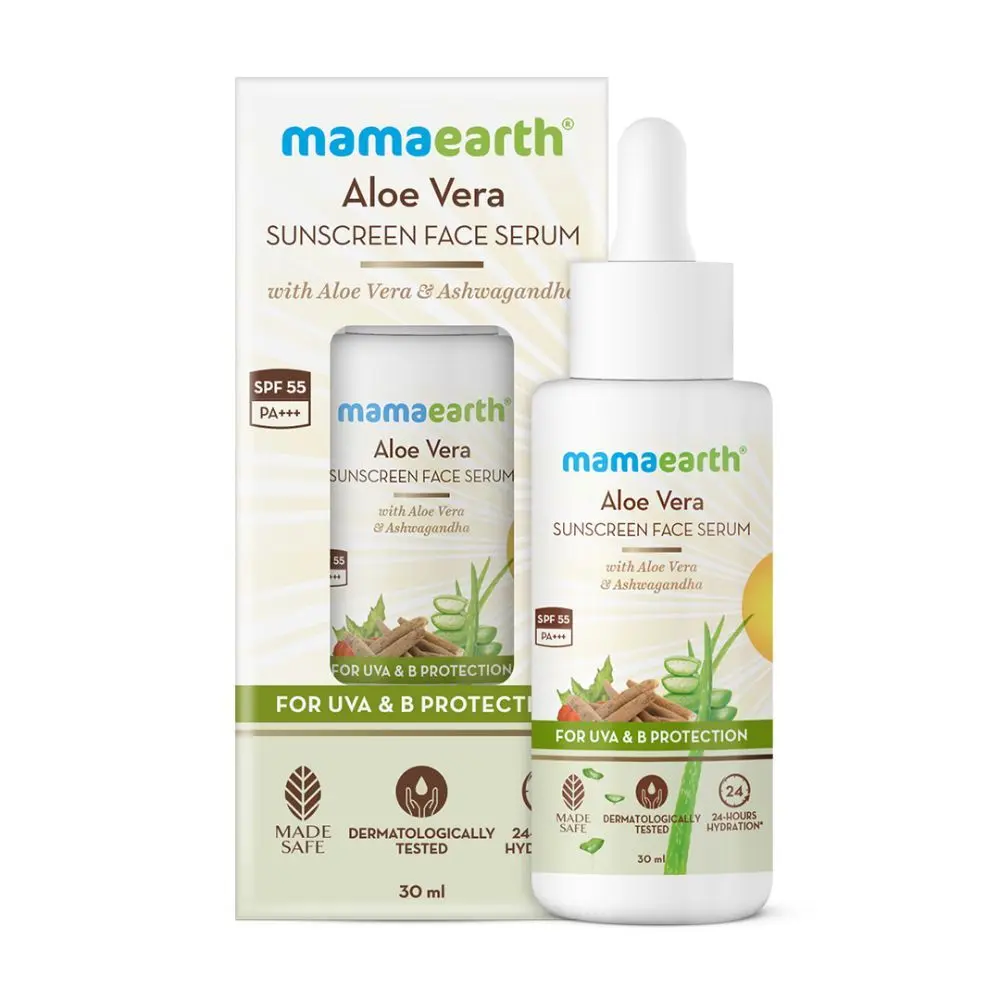 Mamaearth Aloe Vera Sunscreen Face Serum with SPF 55, with Aloe Vera & Ashwagandha for UVA& B Protection (30 ml)
