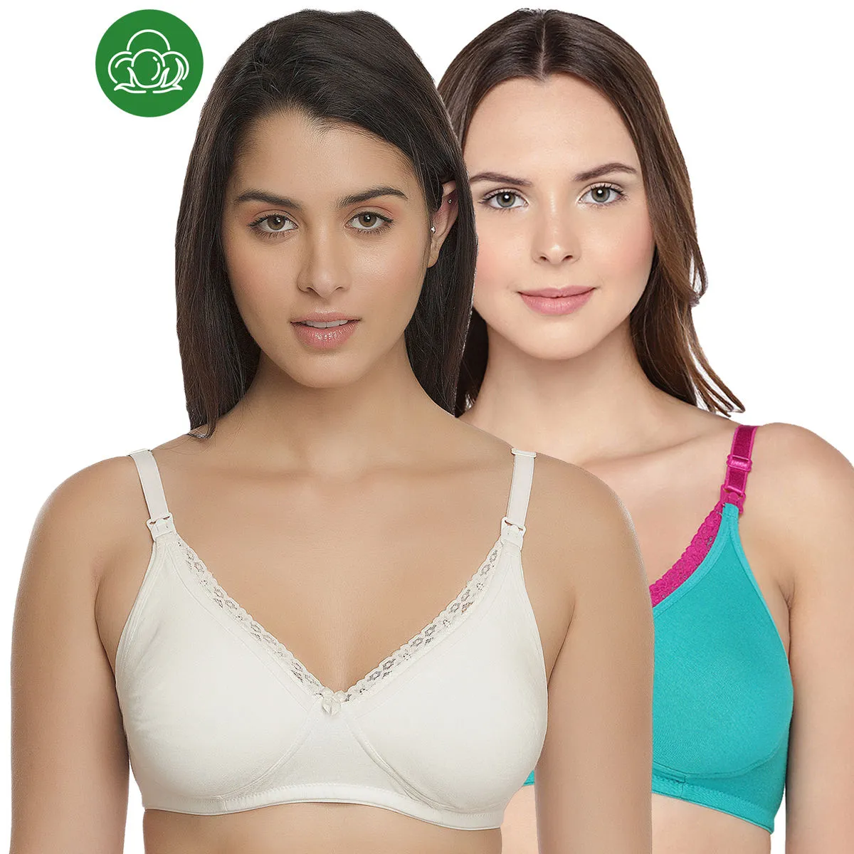 Inner Sense Organic Cotton Antimicrobial Laced Nursing Bra Pack of 2 - Multi-Color