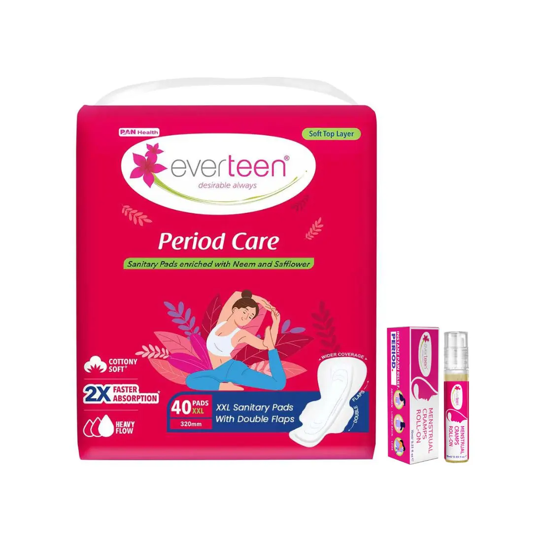 Everteen combo 40 XXL Soft Neem Safflower Sanitary Pads with Free Menstrual Period Pain Relief Cramps Roll- On (10ml)