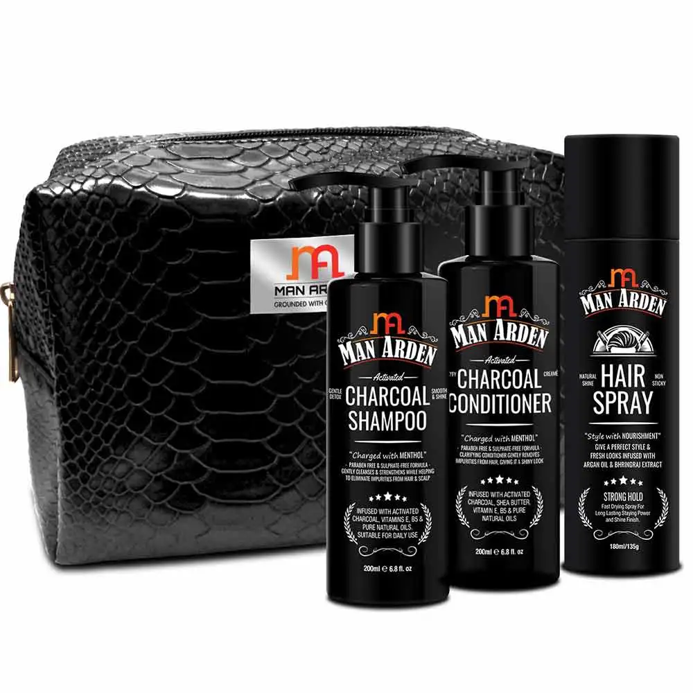 Man Arden Rippling Tresses Combo,  3 Piece(s)/Pack  Charcoal Shampoo, Conditioner & Hair Spray With Pouch