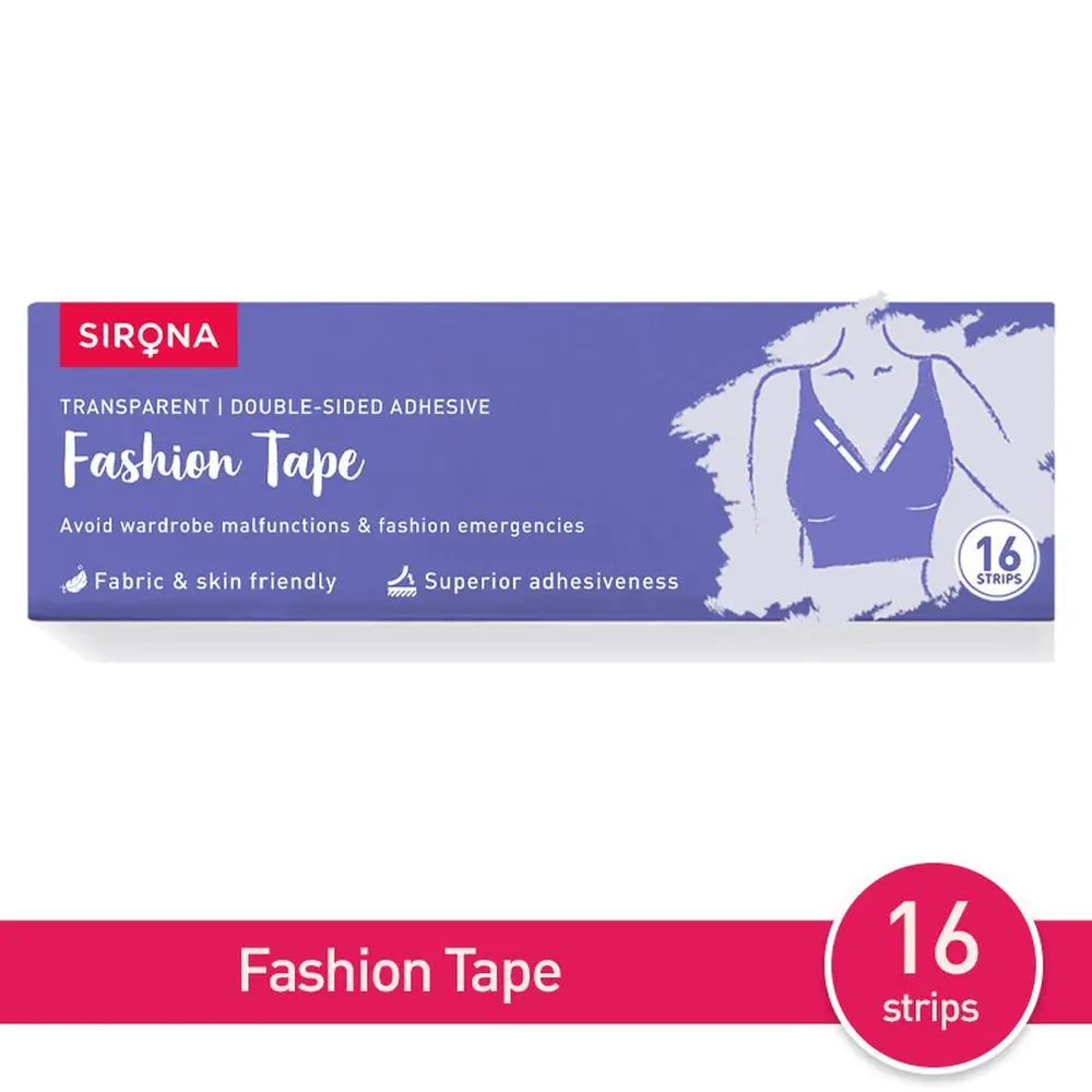 Sirona Women Fashion Tape Double Stick Strips a€“ 16 Strips | For Clothing & Body, Strong and Clear Tape for All Skin Tones and Fabric | Transparent | Bra Tape Strips