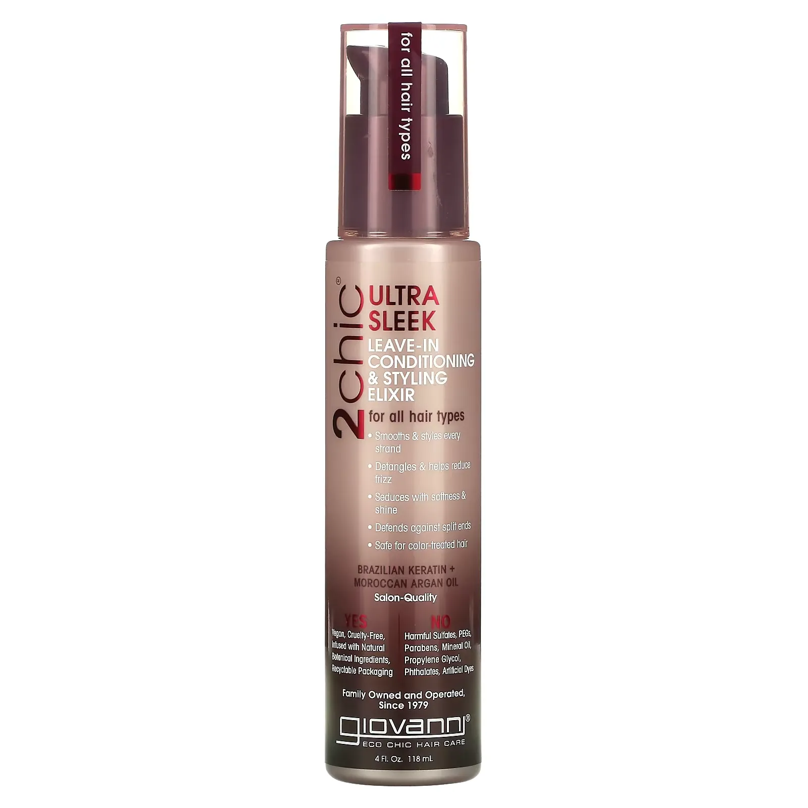 2chic, Ultra Sleek Leave-In Conditioning & Styling Elixir, For All Hair Types, Brazilian Keratin + Moroccan Argan Oil, 4 fl oz (118 ml)