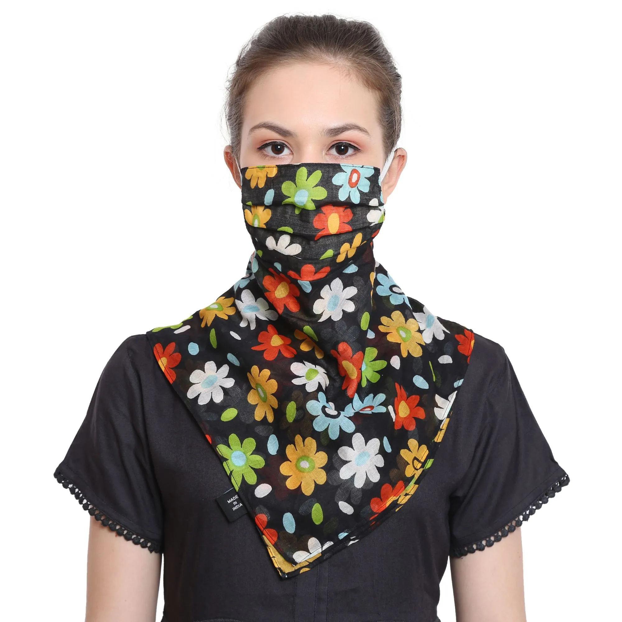 Anekaant 3-Ply Reusable Black & Multi Cotton Floral Scarf Style Fashion Mask