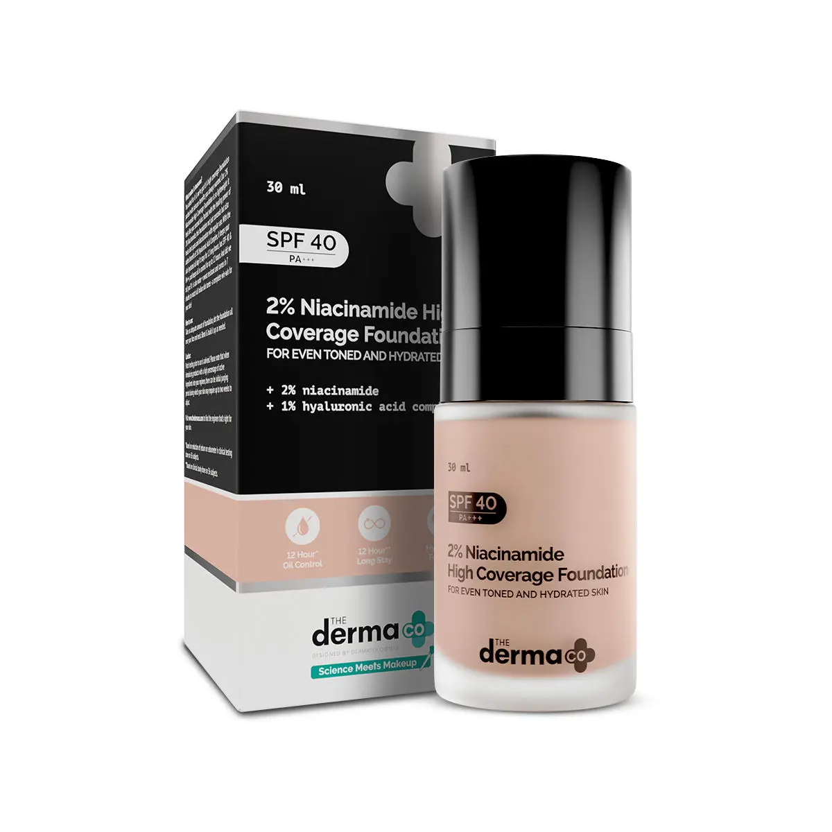 The Dema Co. 2% Niacinamide High Coverage Foundation With 1% Hyaluronic Acid & SPF 40 PA+++ for 12 Hour Long Stay & Oil Control - 01 Ivory