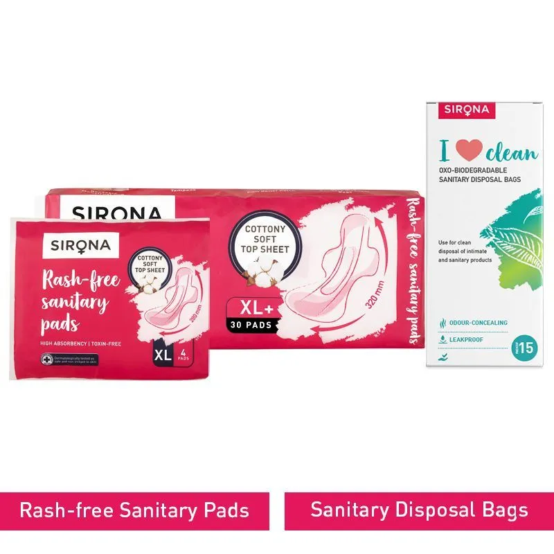 Sirona Cottony Soft Rash Free Sanitary Pads Combo -Pack Of 4 & 30 With Sanitary Disposal Bags