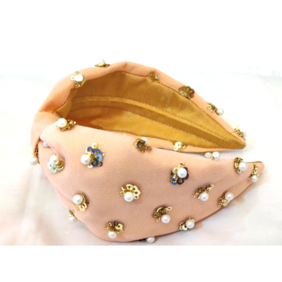 YoungWildFree Pink Peach Embellished Hairband-Pearls And Sequins Hand Embroidery