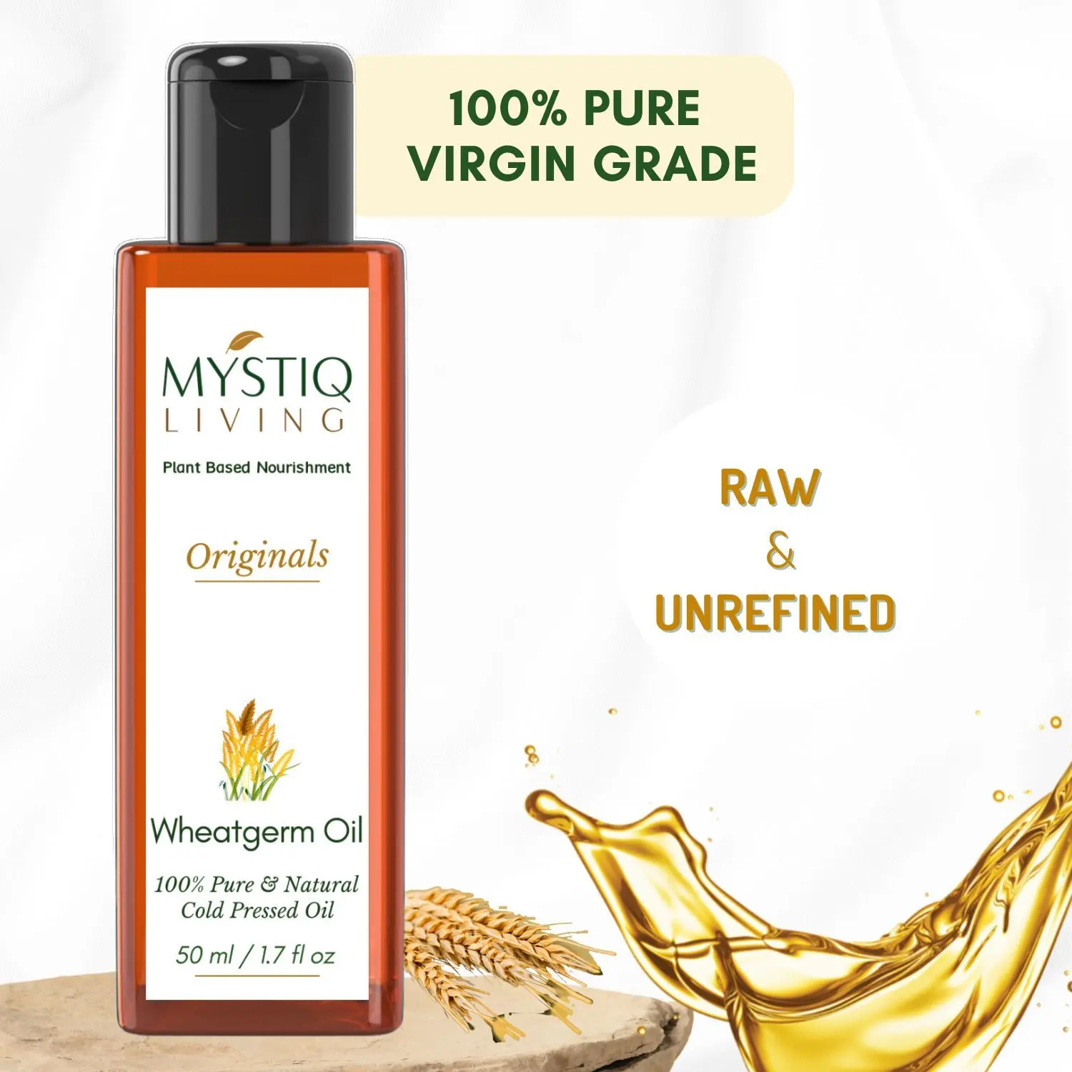 Mystiq Living Wheat Germ Oil (50 ml) Cold Pressed Wheatgerm Oil | 100% Pure and Natural For Hair, Skin & Body Massage
