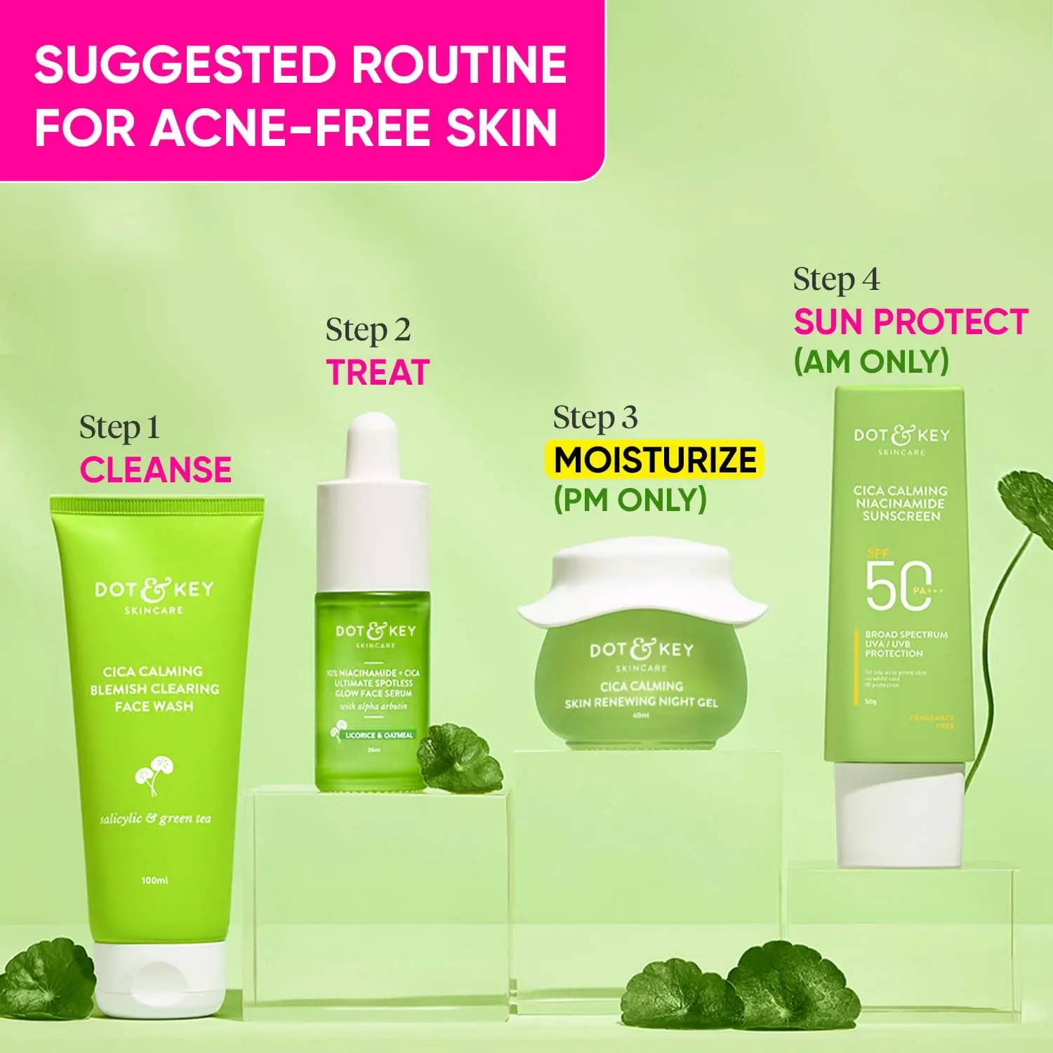 Dot & Key Acne Free PM Skin Care Routine | Face Wash, Serum, Night Gel & Sunscreen - 230g