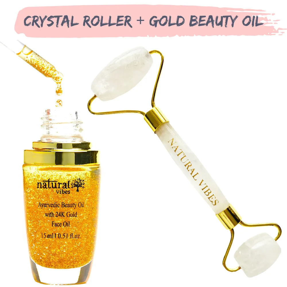 Natural Vibes Crystal Quartz Face Roller + Gold Beauty Elixir Oil