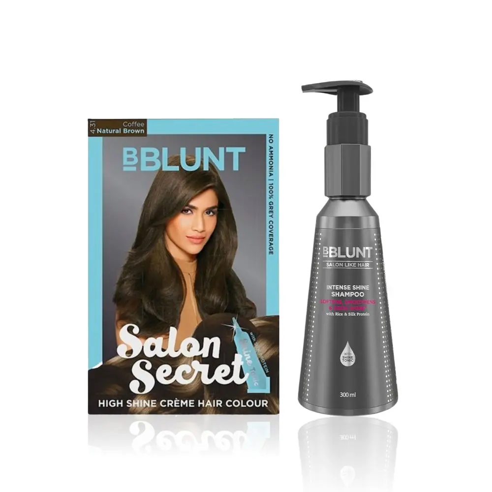 BBLUNT Salon Secret High Shine Creme Hair Colour Coffee Natural Brown 4.31 ( 100 g+8ml)+BBLUNT Intense Shine Shampoo with Rice & Silk Protein for 23X* Shinier Hair - 300 ml