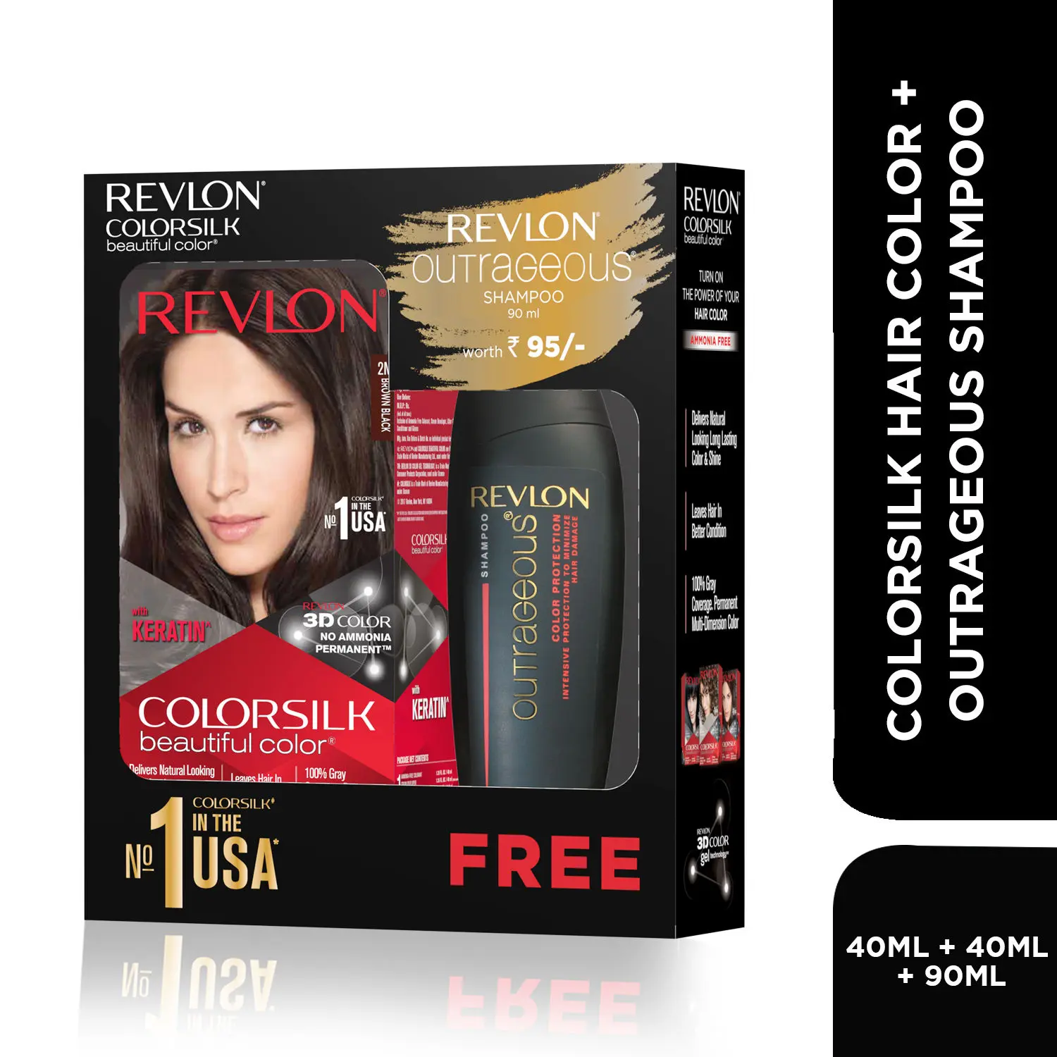 Revlon ColorSilk Hair Color with Keratin - 2N Brown Black - (with Outrageous Shampoo 90 ml)