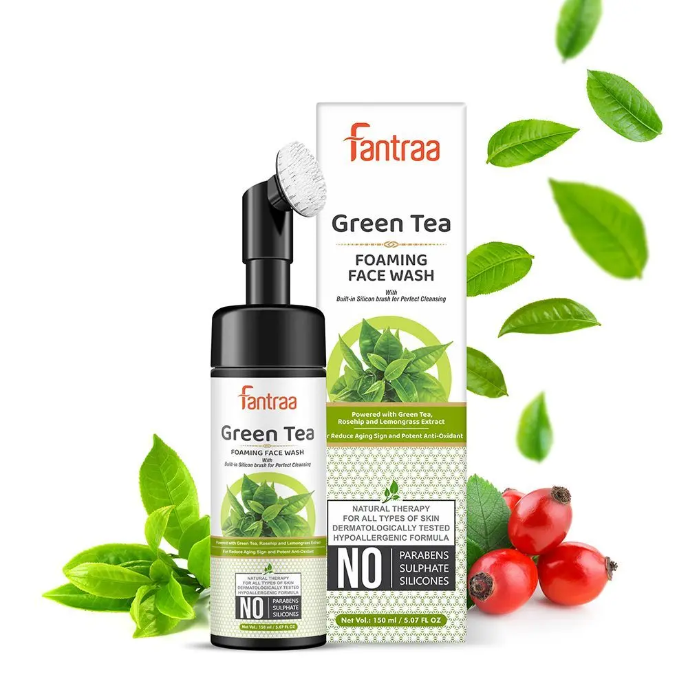 Fantraa Green Tea Foaming Face Wash with Built-In Face Brush, (150 ml)