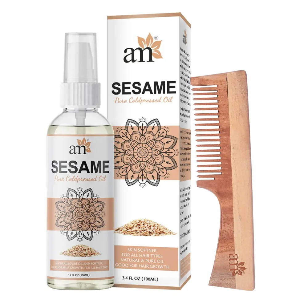 AromaMusk Cold Pressed Extra Virgin Sesame Oil & Neem Wood Comb with Handle