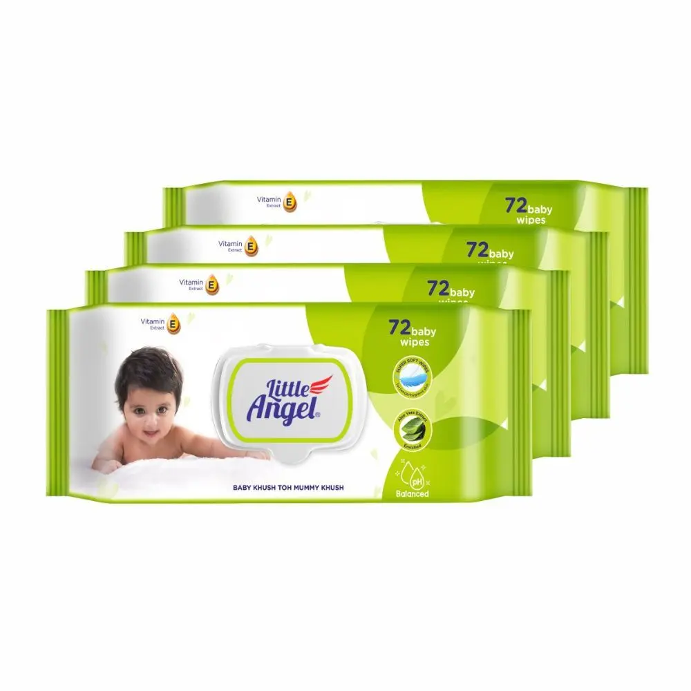 Little Angel Super Soft Cleansing Baby Wipes Lid Pack, 288 Count, Enriched with Aloe vera & Vitamin E, pH balanced, Dermatologically Tested & Alcohol-free, Pack of 4,72 count/pack