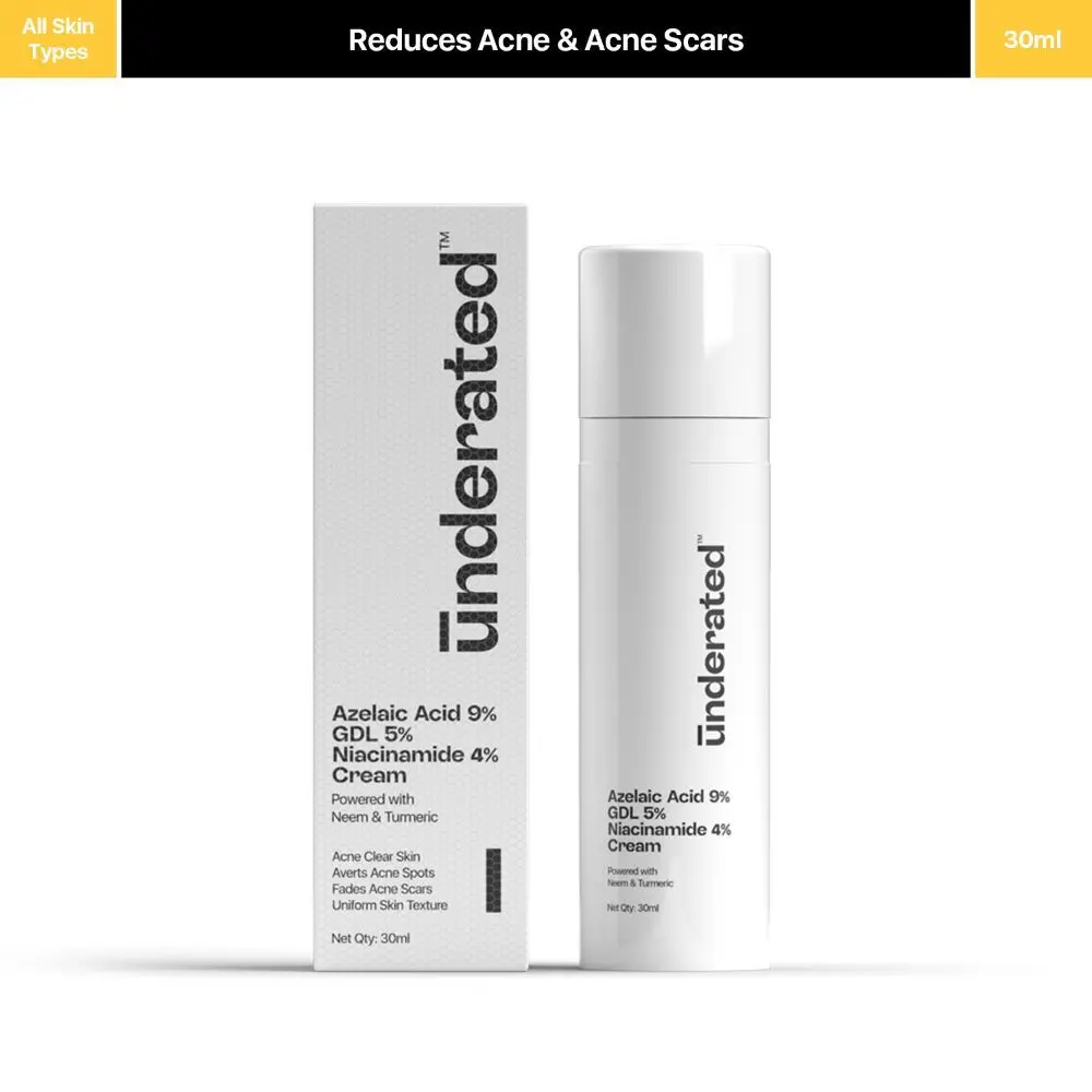 Underated Azelaic Acid 9% GDL 5% Niacinamide 4% Cream Powered with Neem and Turmeric for Uniform Skin Texture, Averts Acne Spots and Fades Acne Scars | 30ml