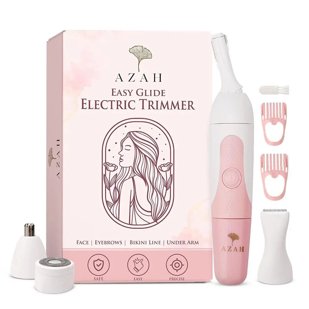 Azah 6-in-1 Face & Body Hair Trimmer for Women | Rounded Blades | Sensitive Trimmer with Custom Heads for Face, Eyebrow, Body, Nose & the Bikini Area | Washable | Styling & Hair Removal Tool