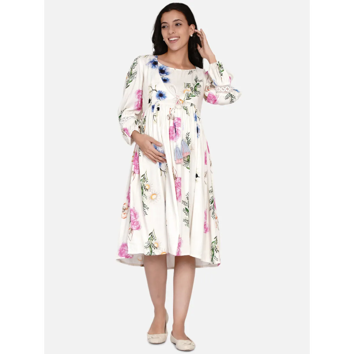 The Kaftan Company Brushed Flora Off-White Maternity And Nursing Dress Off white (XL)