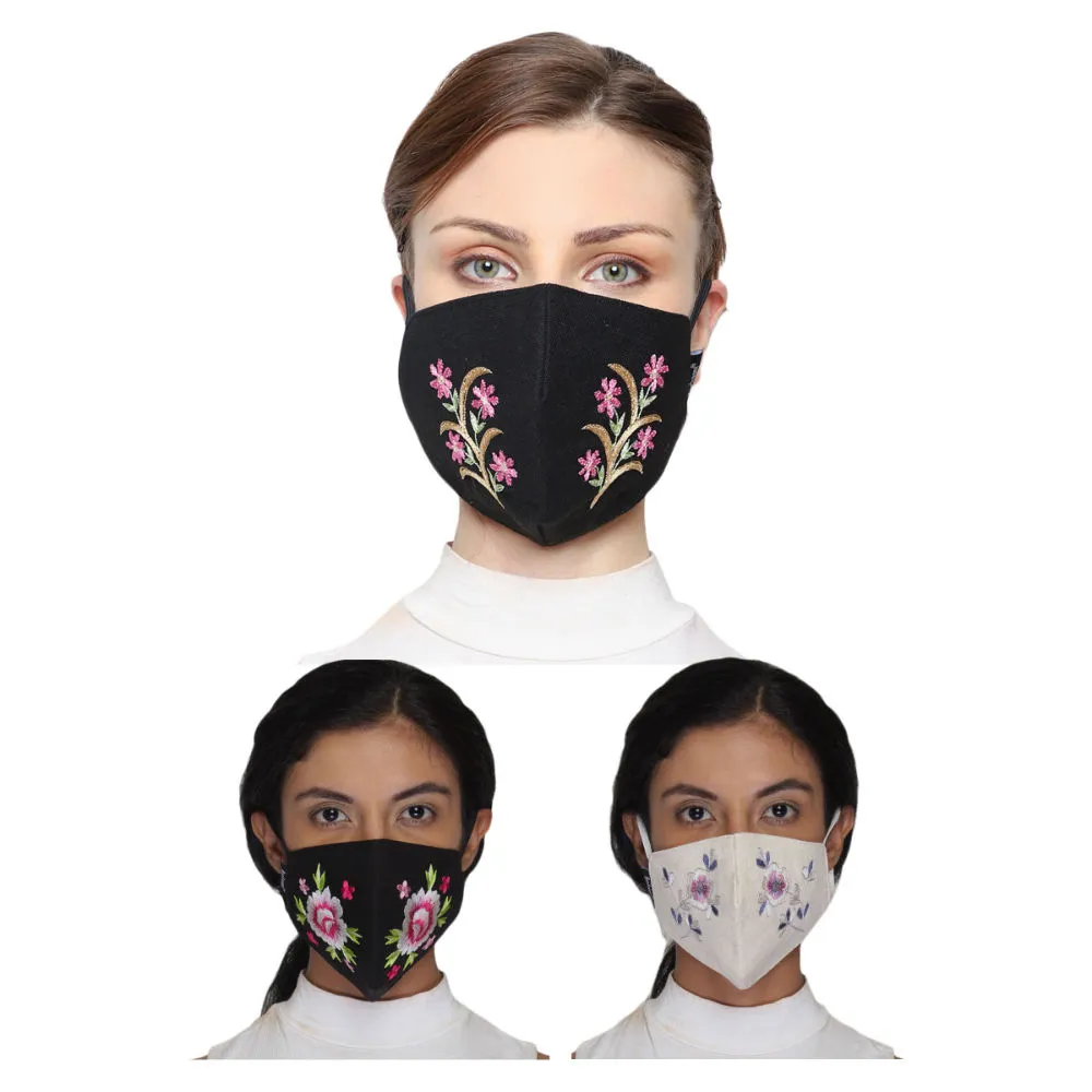 Anekaant Pack Of 3 Multicolor 3-Ply Reusable Cotton Embroidered Fabric Fashion Mask