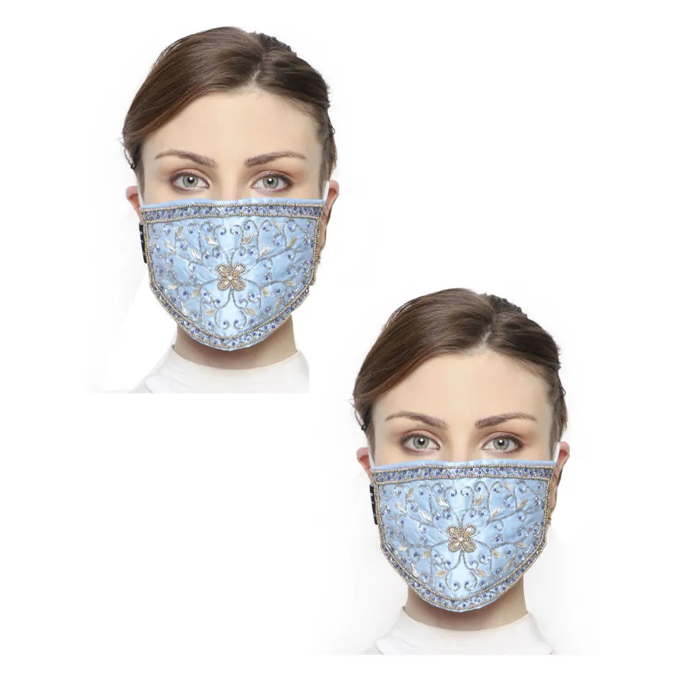 Anekaant Pack Of 2 Pastel Blue & Gold 3-Ply Art Silk Embellished Fabric Fashion Mask