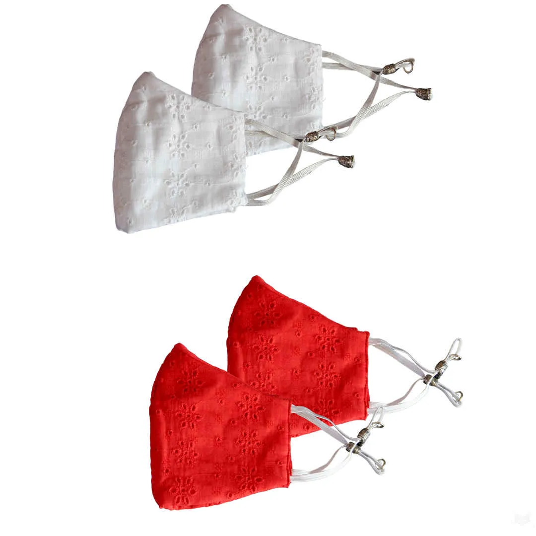 Bellofox White Chikan And Red Chikan Face Mask (Set Of 4)