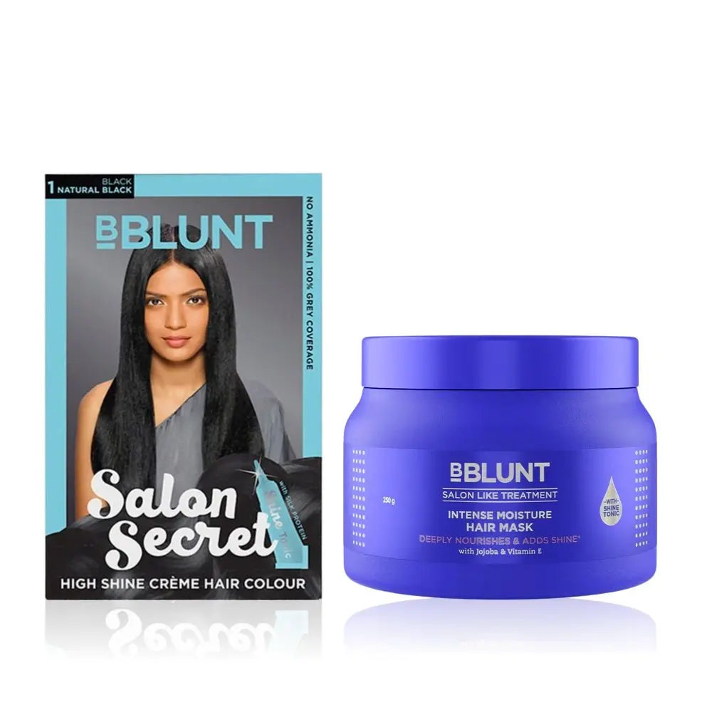 BBLUNT Salon Secret High Shine Creme Hair Colour Natural Black 1 (100 g) With Shine Tonic (8 ml) + Intense Moisture Hair Mask with Jojoba Oil & Vitamin E for Nourished & Shiny Hair - 250 g