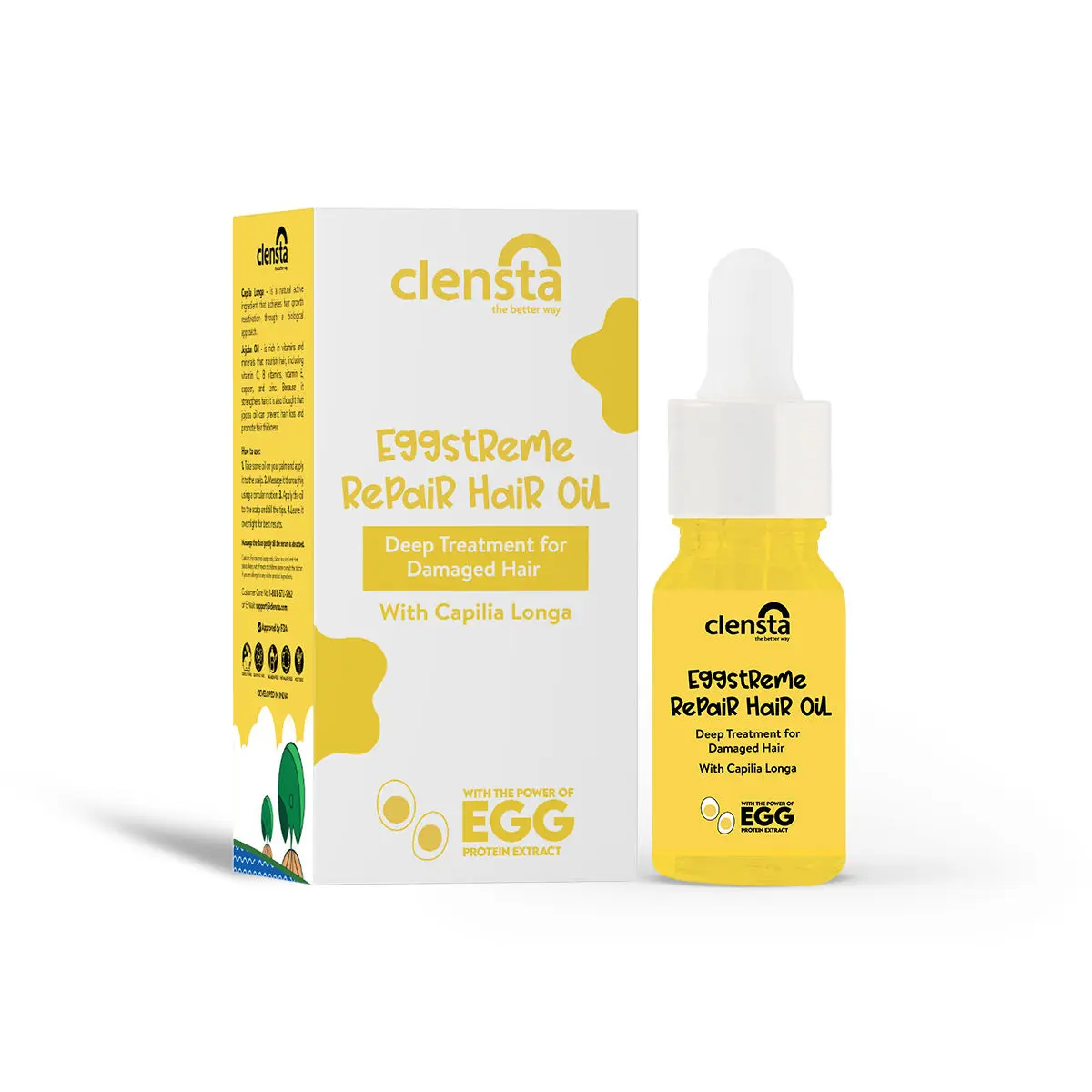 Clensta Eggstreme Repair Hair Oil| 10ml| With Egg Protein, Capila Longa, Jojoba Oil, and Almond Oil| Gentle and Deep Treatment| Combats Hair Fall and Dryness Issues| For Healthy and Shiny Hair| For All Men and Women