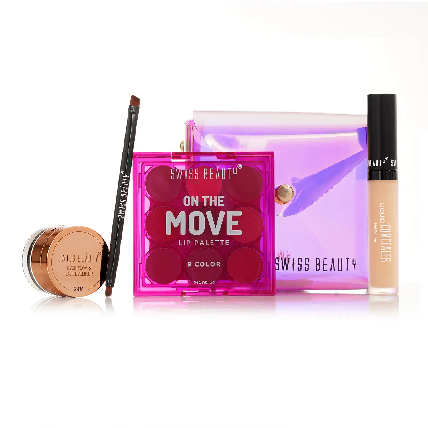 Swiss Beauty Summer Essentials Kit|long-wearing Liquid Concealer-2|Multi-purpose On the Move Lip Pallete-2|Water-resistant & long-wearing Eyebrow & Gel Eyeliner With Pouch