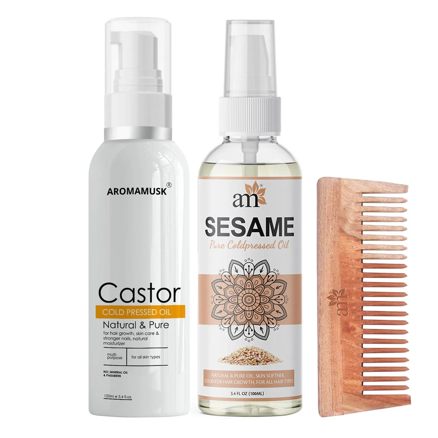 AromaMusk Organic 100% Pure Cold Pressed Castor & Sesame Oil with Wide Tooth Neem Wood Comb