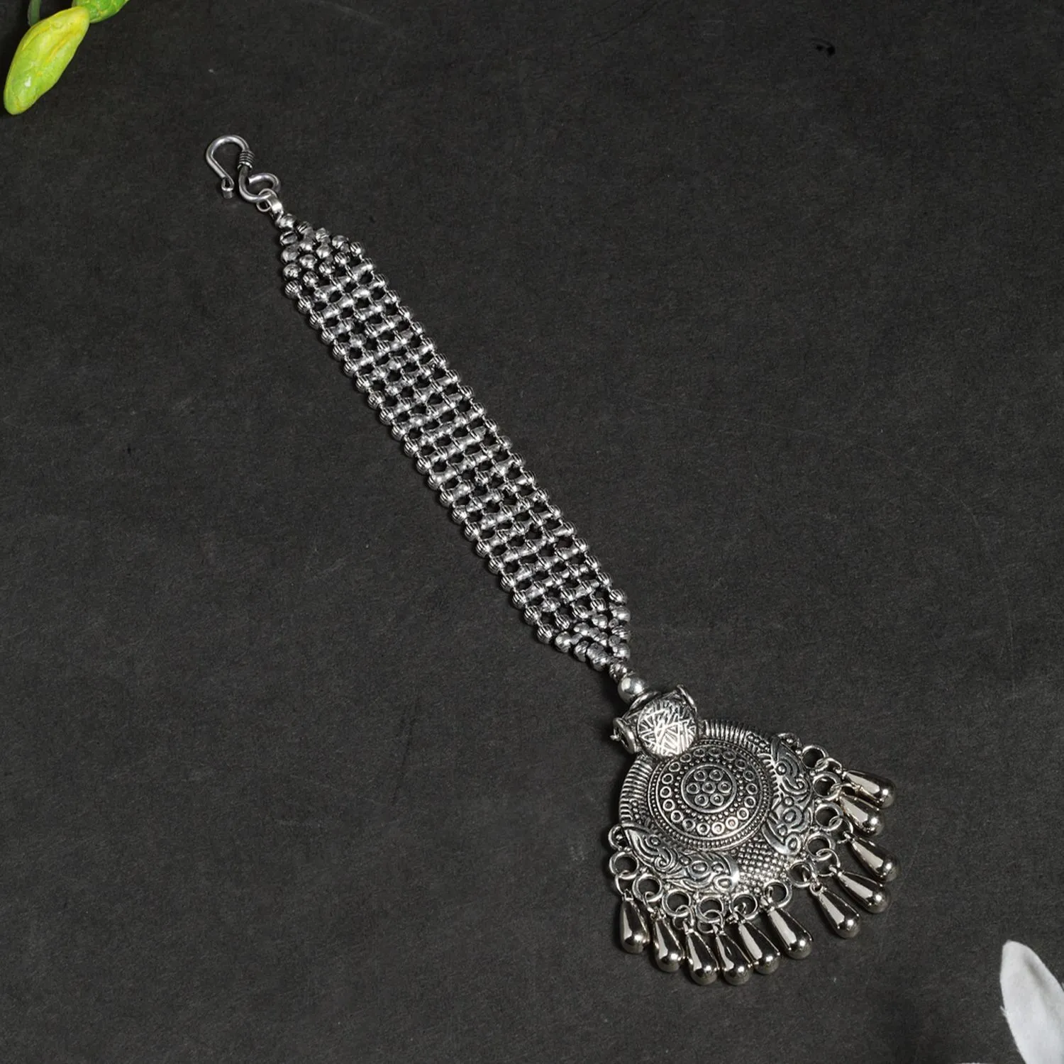 Moedbuille Oxidised Silver Plated Antique Temple Design Leheriya Textured Style Maang Tikka