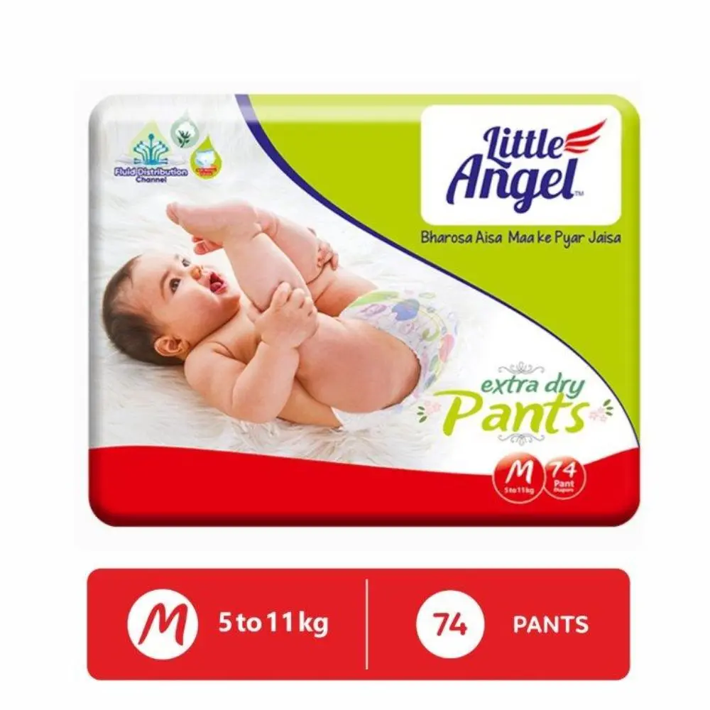 Little Angel Extra Dry Baby Pants Diaper, Medium (M) Size, 74 Count, Super Absorbent Core Up to 12 Hrs. Protection, Soft Elastic Waist Grip & Wetness Indicator, Pack of 1, Upto 5-11kg