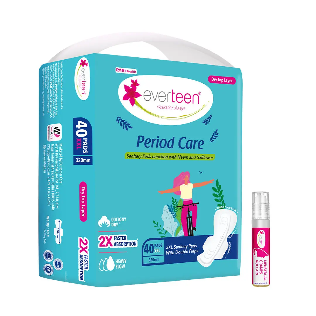 everteen combo 40 XXL Dry Neem Safflower Sanitary Pads with Free Menstrual Period Pain Relief Cramps Roll-On (5ml)