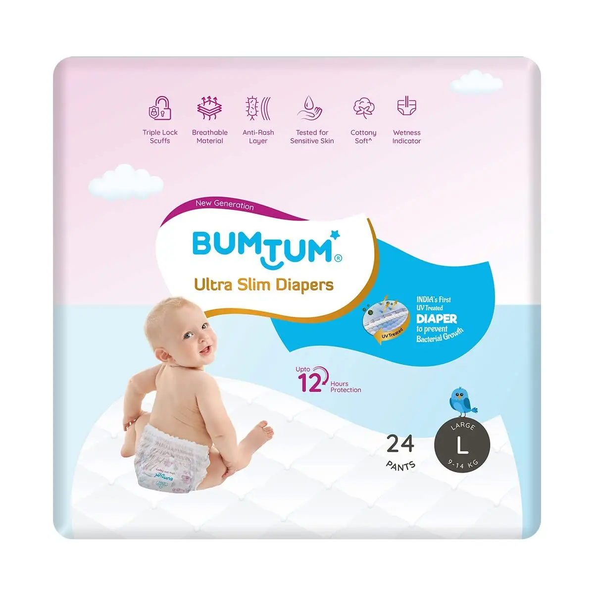 Bumtum Ultra Slim Baby Diaper Pants with Leakage Protection -9 to 14 Kg (Large, 24 Count, Pack of 1)